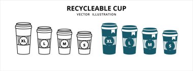 kapak vektör logo illüstrasyon tasarım şablonlu tek kullanımlık kağıt kahve bardağının çeşitli boyutları