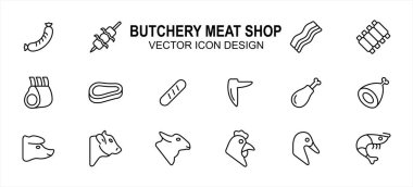 Basit bir kasap et dükkanı İlgili Vektör simgesi kullanıcı arayüzü grafik tasarımı. Sosis, satay, pastırma, kaburga, but, tavuk, kuzu, ördek, karides ve daha fazlası gibi ikonlar içerir
