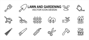 Basit çimenlik ve bahçe bakımı ile ilgili vektör simgesi kullanıcı arayüzü grafik tasarımı. Çatal, maça, bitki, el arabası, çit, çim biçme makinesi, tohum, ağaç, balta, testere gibi ikonlar içerir.,