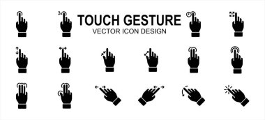 Basit bir parmak dokunuşu hareketi İlgili Vektör simgesi kullanıcı arayüzü grafik tasarımı. Dokunma, hareket, navigasyon, dokunmatik ekran, parmak ucu, çimdikleme, kontrol, kaydırma, tıklatma gibi simgeleri içerir,