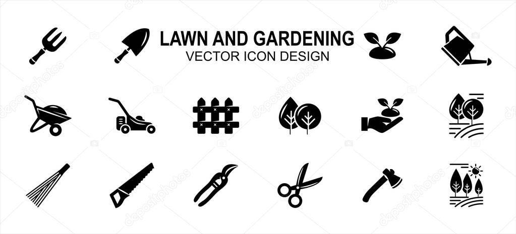 Simple Set of lawn and gardening maintenance Related Vector icon user interface graphic design. Contains such Icons as fork, spade, plant, wheelbarrow, fence, grass mower, seed, tree, axe, saw,