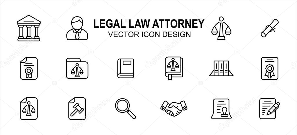 Simple Set of legal law attorney Related Vector icon user interface graphic design. Contains such Icons as court, judge, justice scale, scroll, constitution, hammer, handshake, book, writing,