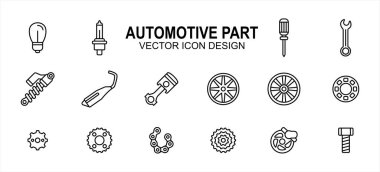 Otomotiv otomobili ve motosiklet parçası ilgili vektör simgesi kullanıcı arayüzü grafik tasarımı. Ampul, tornavida, anahtar, şok kesici, süspansiyon, egzoz, egzoz gibi simgeler içerir