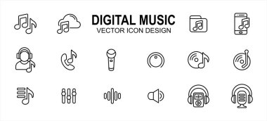 Dijital akım müziği ve podcast bağlantılı vektör simgesi kullanıcı arayüzü grafik tasarımı. Müzik çalar, bulut depolama, dizin, telefon, dinleme, kulaklık, mikrofon, eşitleyici gibi simgeleri içerir