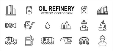 Petrol sondaj endüstrisi ilgili vektör ikonu kullanıcı arayüzü grafik tasarımı. Platform, kule, matkap, sondaj, yağ, tank, damıtma, pompa, kamyon, boru, fışkırtma, fışkırtma gibi ikonlar içerir,