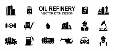 Petrol sondaj endüstrisi ilgili vektör ikonu kullanıcı arayüzü grafik tasarımı. Platform, kule, matkap, sondaj, yağ, tank, damıtma, pompa, kamyon, boru, fışkırtma, fışkırtma gibi ikonlar içerir,