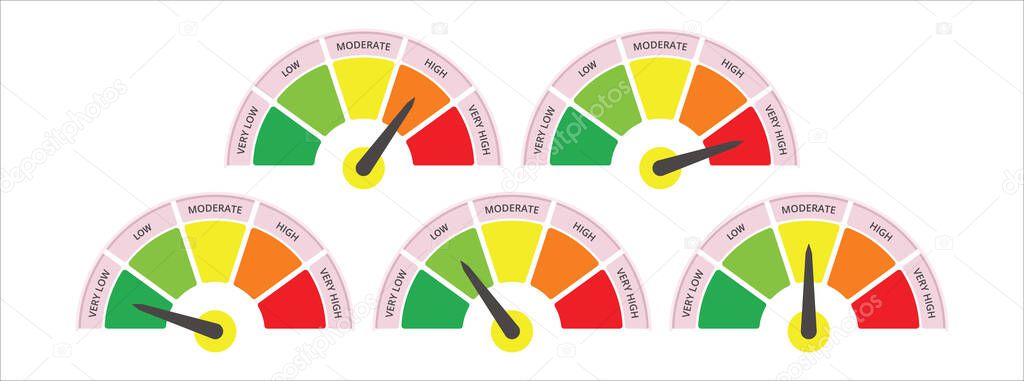 scale level measurement monitor display. level meter. five part level step meter measure. vector illustration graphic design set template.