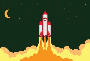 Roket uzay gemisi uzay vektör çizimine doğru uçuyor. Geceleri gökyüzü bulutların arasından geçer..