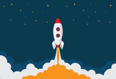 Roket uzay gemisi uzay vektör çizimine doğru uçuyor. Geceleri gökyüzü bulutların arasından geçer..