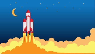 Roket uzay gemisi uzay vektör çizimine doğru uçuyor. Geceleri gökyüzü bulutların arasından geçer..