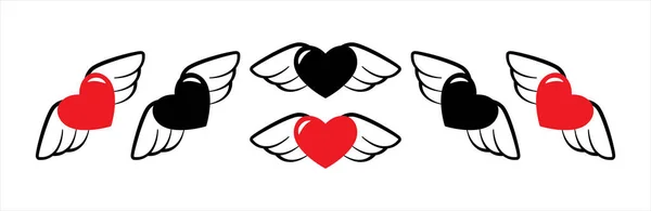 Amor Con Alas Icono Conjunto Conjunto Iconos Vector Corazón Alado — Archivo Imágenes Vectoriales