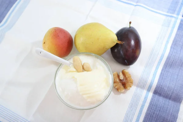 Natural Yogurt Yoghurt Cream Fruits Nuts — Stock Photo, Image