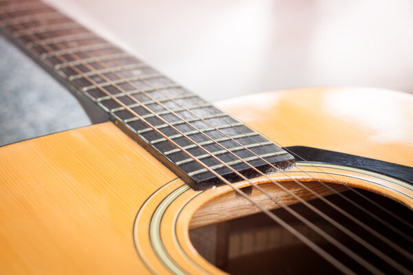 Close up acoustic guitar detail