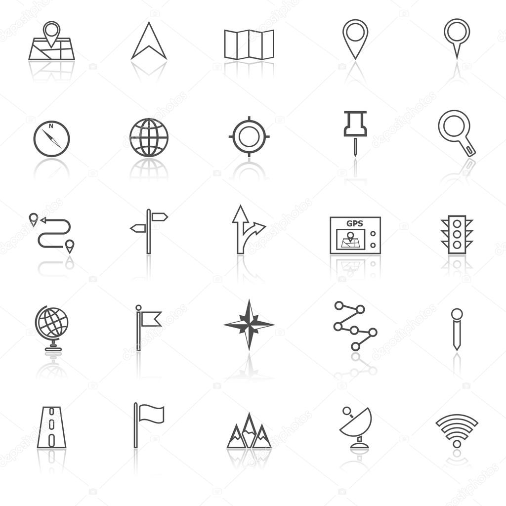 Navigation line icons with reflect on white background