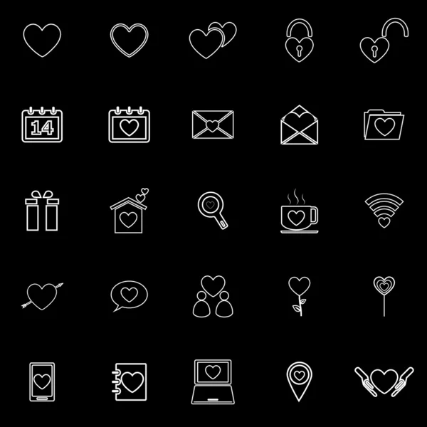 Iconos de línea de amor sobre fondo negro — Vector de stock