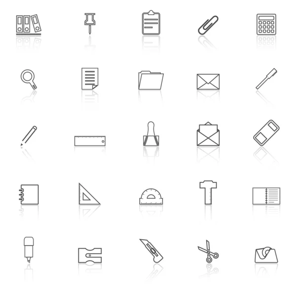 Stationery line icons with reflect on white background — Stock Vector