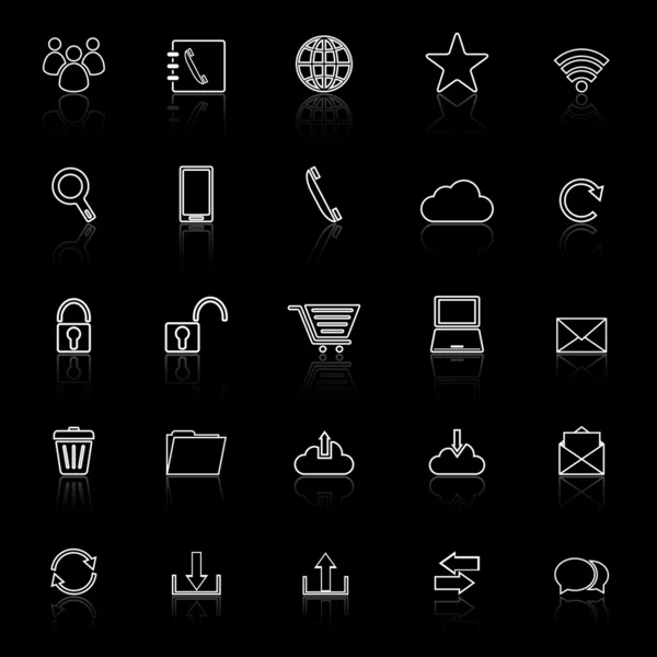 Iconos de línea de comunicación con reflexionar sobre el fondo negro — Vector de stock