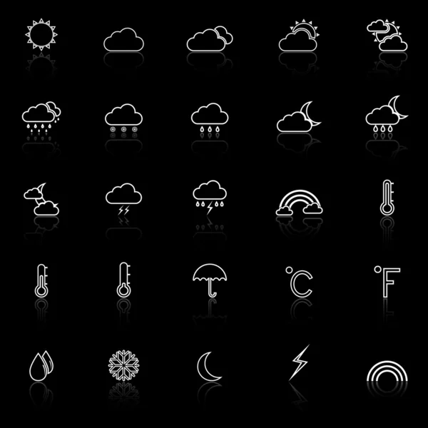 Icone della linea meteo con riflessi su sfondo nero — Vettoriale Stock