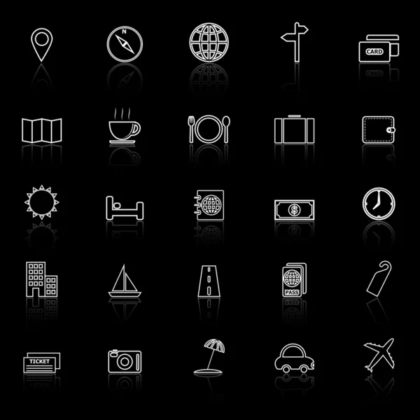 Icônes de ligne de voyage avec réflexion sur fond noir — Image vectorielle