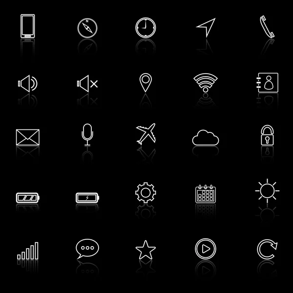 Mobilní telefon linka ikony s odrážejí na černém pozadí — Stockový vektor