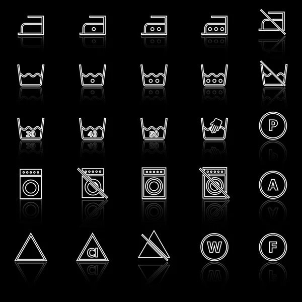 Linea di lavanderia icone con riflettere su sfondo nero — Vettoriale Stock
