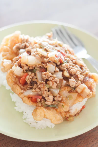 Carne di maiale fritta con salsa di pomodoro guarnizione su uovo fritto — Foto Stock