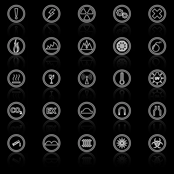 Warning sign line icons with reflect on black background — Stock Vector