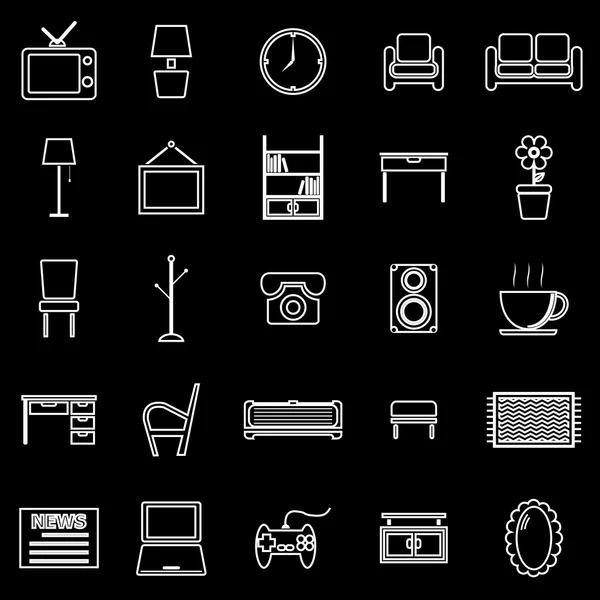 Iconos de línea de sala de estar sobre fondo negro — Vector de stock