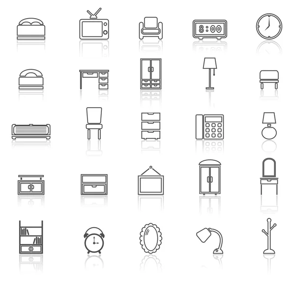 Bedroom line icons with reflect on white — Stock Vector