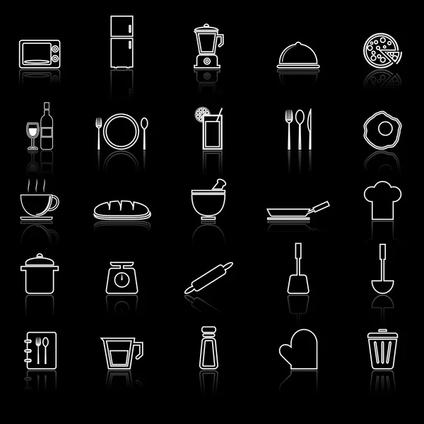 Kitchen line icons with reflect on black — Stock Vector