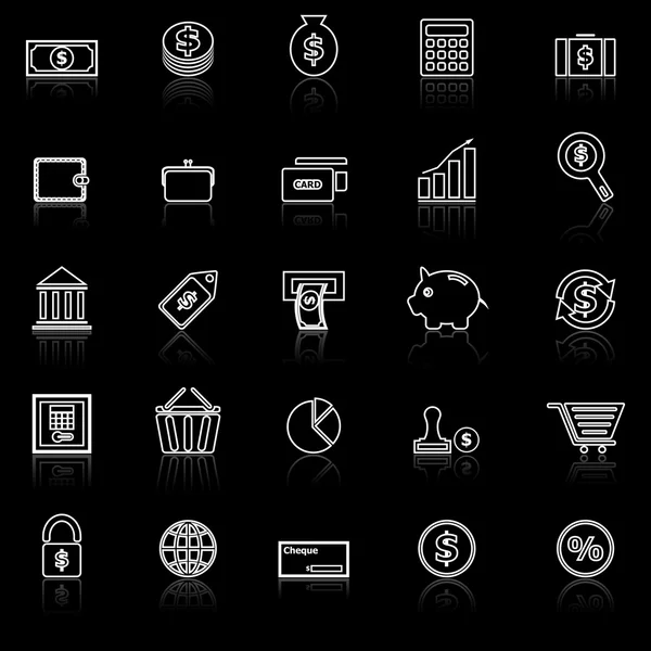 Money line icons with reflect on black — Stock Vector