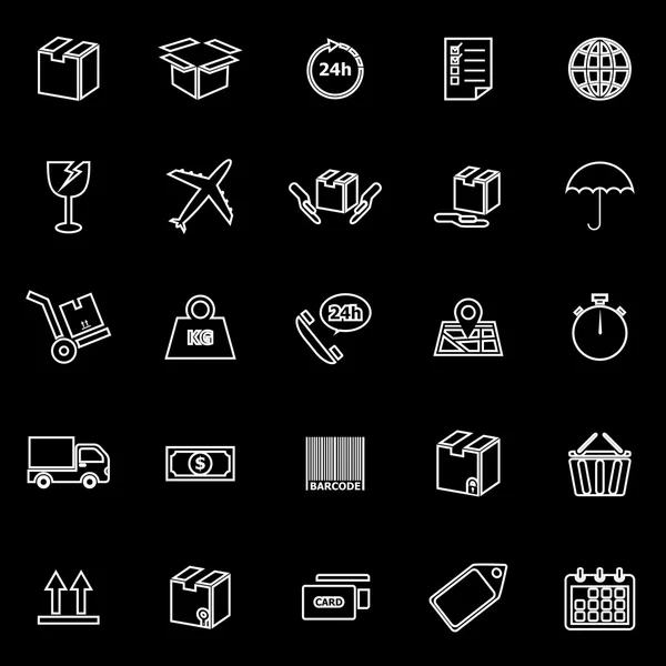 Iconos de línea de envío sobre fondo negro — Vector de stock