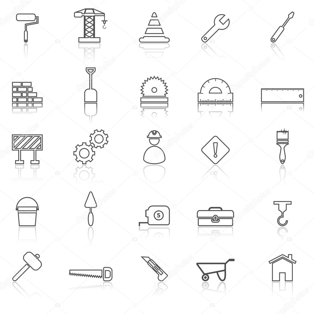Construction line icons with reflect on white