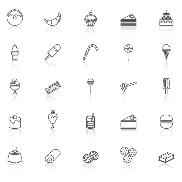 Iconos de línea de postre con reflejo en blanco — Vector de stock