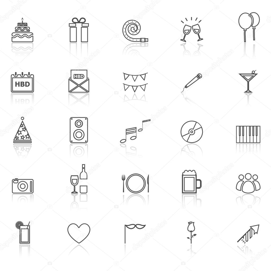 Birthday line icons with reflect on white