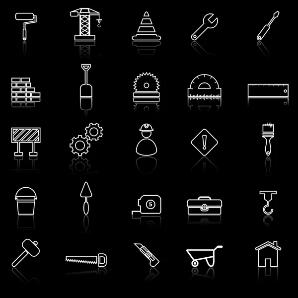 Construction line icons with reflect on black — Stock Vector