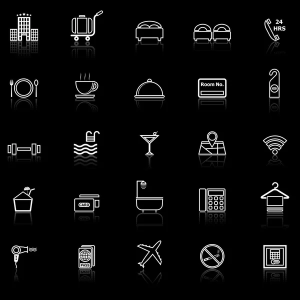 Hotel line icons with reflect on black — Stock Vector