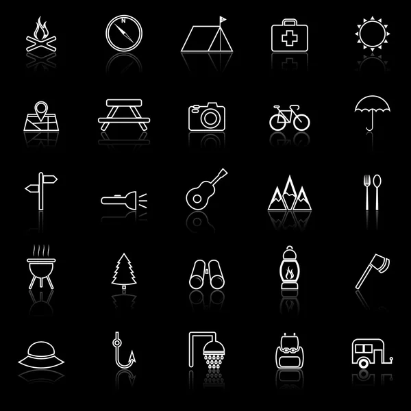 Camping line icons with reflect on black — Stock Vector