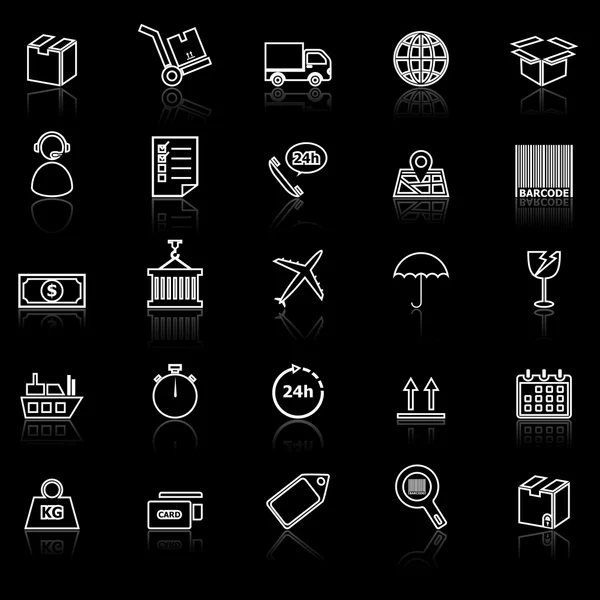 Logistics line icons with reflect on black — Stock Vector