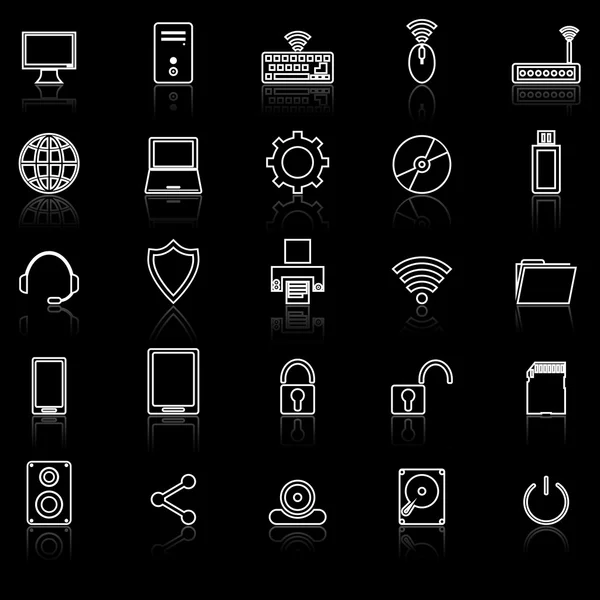 与计算机线图标反映在黑色 — 图库矢量图片