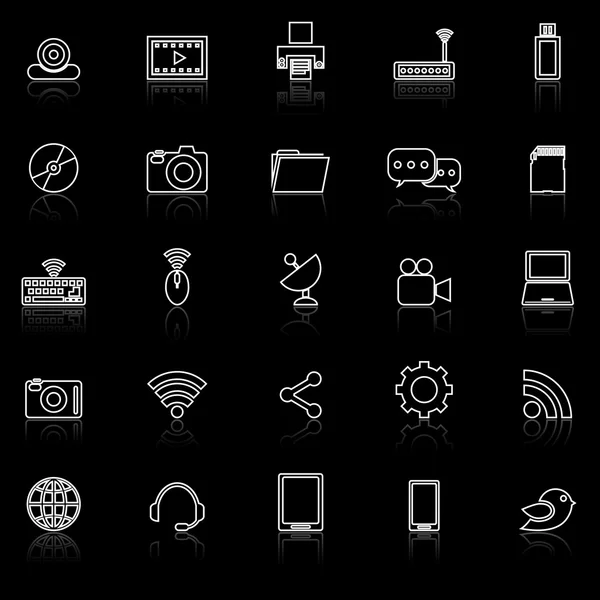 Iconos de línea de alta tecnología con reflexionar sobre el negro — Vector de stock