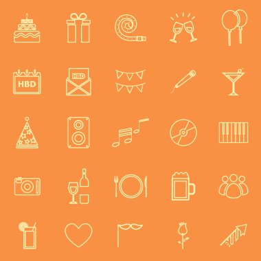 Birthday line icons on orange backgound clipart