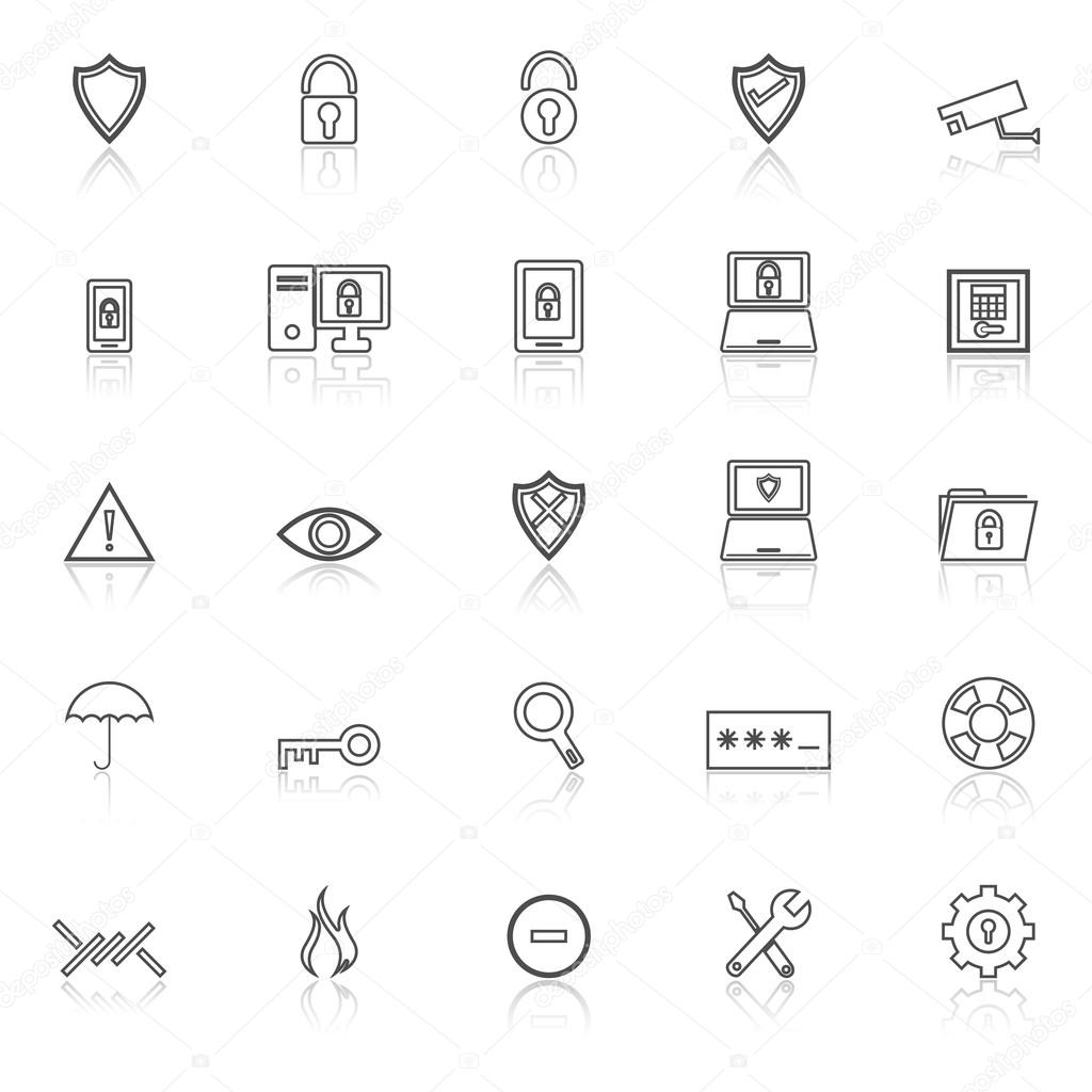 Security line icons with reflect on white background