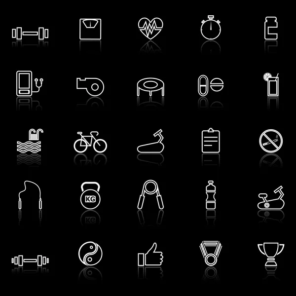 Iconos de línea Fitness con reflejo sobre fondo negro — Archivo Imágenes Vectoriales