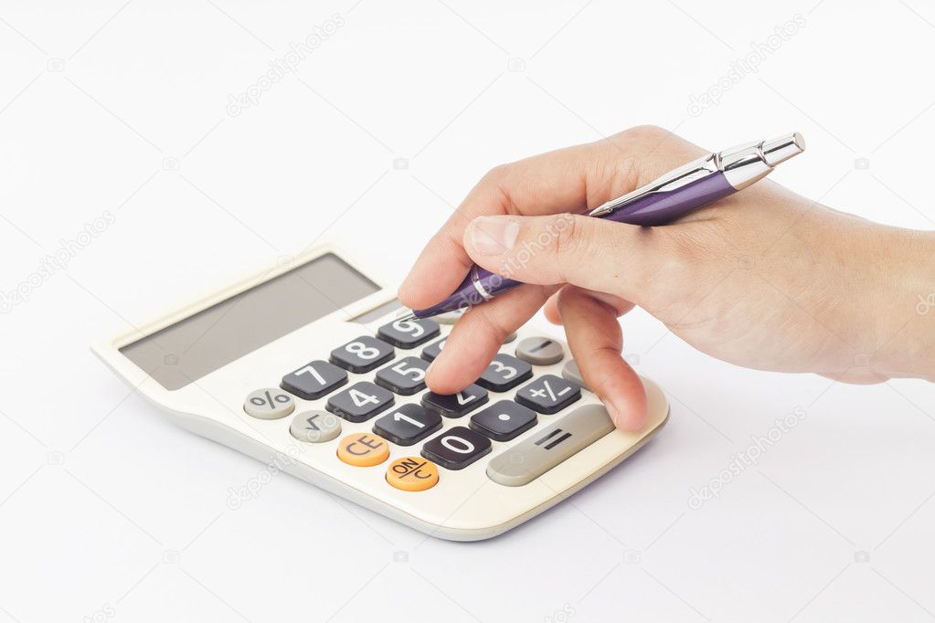 Calculator with hand isolated on white background