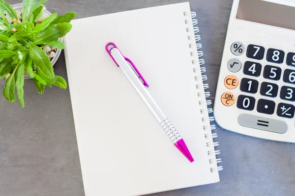 Calculadora, bloc de notas, pluma y planta verde sobre fondo gris — Foto de Stock