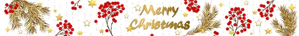 メリークリスマスのバナー 現実的なクリスマスツリーの枝 黄金の星 白い背景のホリーレッドベリーとクリスマスデザイン ウェブサイトテンプレートの水平クリスマスヘッダー ベクトル — ストックベクタ