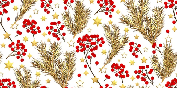 Gerçekçi Noel Ağacı Dallarıyla Altın Yıldızlarla Beyaz Üzerine Kutsal Kırmızı — Stok Vektör