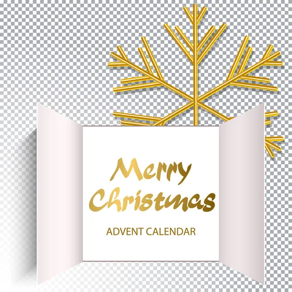 クリスマスの到来カレンダードアは黄金の文字で開きます 大きな金色の雪の結晶と透明な背景の開いた広い窓 クリスマスのポスター ヘッダー 季節の壁紙のテンプレート ベクトル — ストックベクタ