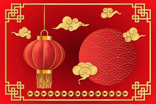 Anno Nuovo Cinese Sfondo Lanterna Pendente Rossa Tradizionale Monete Peonia — Vettoriale Stock